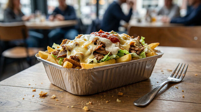 Patatje Kapsalon, Loaded Fries with Meat, Cheese, and Sauces in a Takeaway Tray