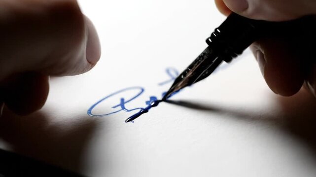 Close-up of hands signing a document with a fountain pen on white paper