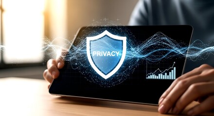 Digital Privacy Shield on Tablet Display with Rising Graph and D