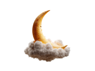 Golden crescent moon resting on fluffy white clouds yellow orange, Isolated, Png Transparent Background