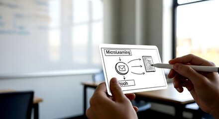 Hand drawing MicroLearning diagram on tablet in classroom settin