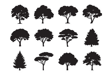 Deciduous and coniferous tree silhouettes collection featuring diverse botanical shapes for landscape design projects