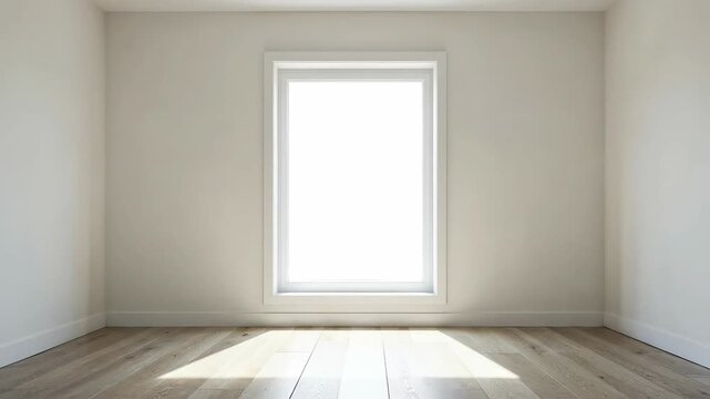 A bright, empty room with a large window letting in natural light.