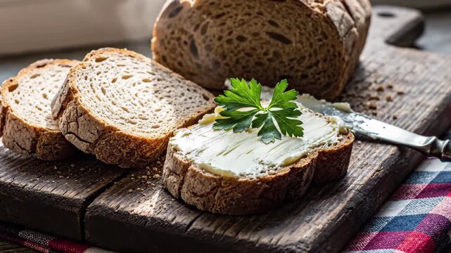Slices of dark rye bread with butter and parsley on a rustic wooden cutting board, 4k
