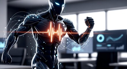 Futuristic Cybernetic Athlete with Glowing Heartbeat in Modern O