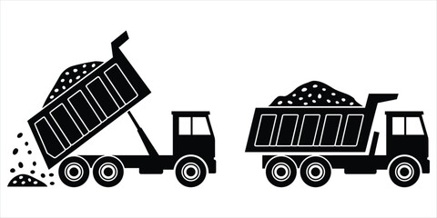 Black silhouette dump trucks one unloading gravel one loaded with gravel vehicle construction © Mst Anjuara