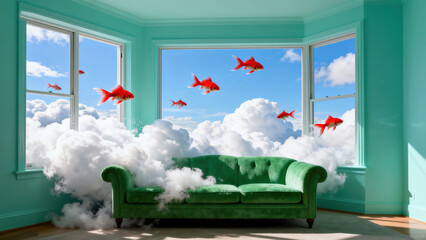 Childlike Dreamy Room: Green Sofa with Clouds and Planes