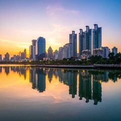 Obraz premium City Skyline Reflection at Sunset over Water