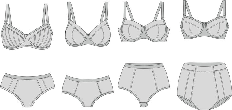 Collection of Bras and Panties in Various Styles on White Background Keywords: lingerie, underwear, bra, panties, briefs, women's
