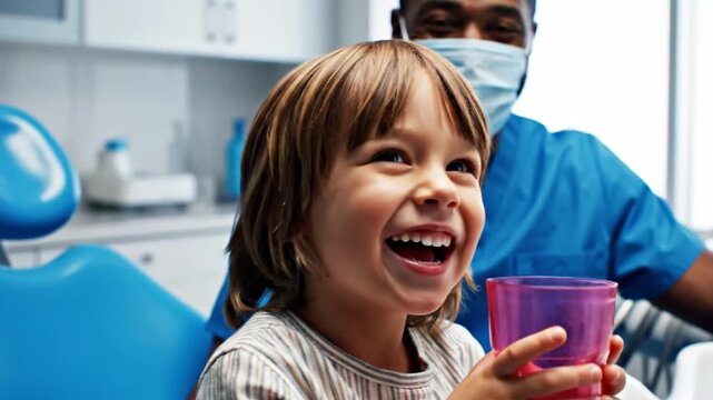 Joyful Young Child with a Wide Smile and Purple Cup During a Happy Pediatric Dental Check-up with a Caring Professional
