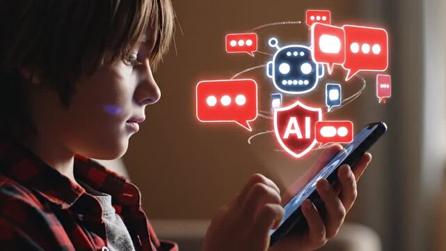 Young Boy Interacting with AI Chatbot on Smartphone, Augmented Reality Communication & Future Technology Concept