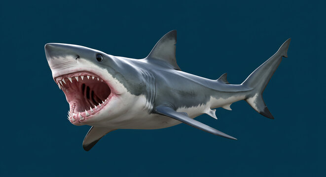 Intensely rendered great white shark aggressively displays its gaping mouth and razor sharp teeth. AI Generated