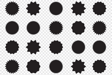 Black starburst stamp seal and labels vector set. Jagged sunburst badges, circle stickers, and rosette shape collection for design elements