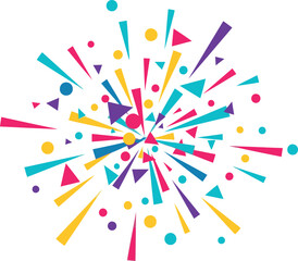 A vibrant abstract explosion of colorful geometric shapes including triangles, circles, and lines radiating outwards, creating a festive and energetic burst.