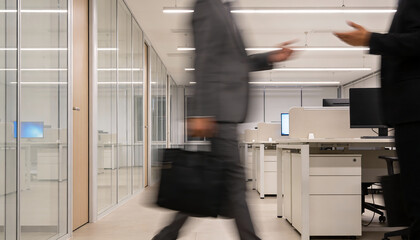 a blurred view of a modern office space featuring people in business attire moving quickly through the hallway high quality professional