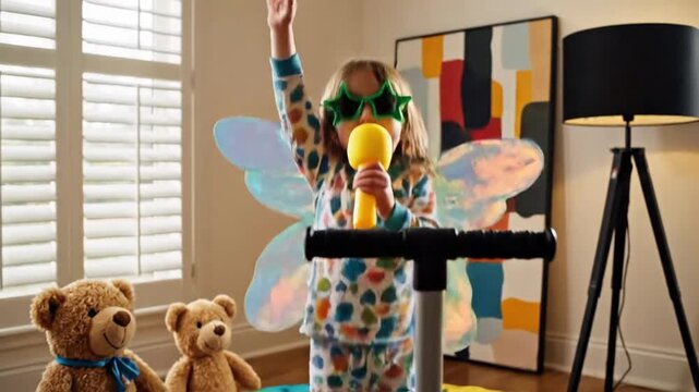 Joyful Young Child in Fairy Wings and Star Glasses Singing into Toy Microphone with Teddy Bear Audience, Embracing Imaginative Play at Home