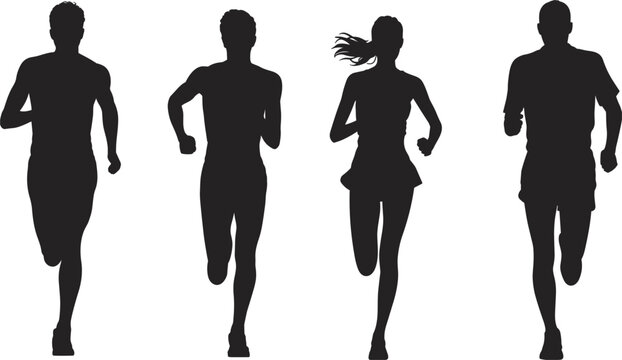 Four black silhouettes of runners in motion on white background running speed