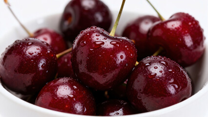 Close-up of Plump Deep Red Cherries with Water Droplets