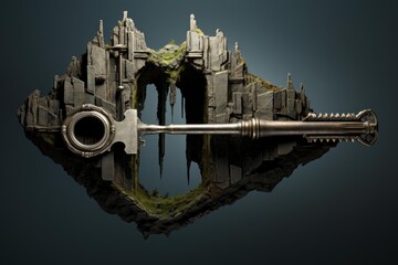 Giant metal key penetrating a surreal floating rock island with ancient moss covered ruins