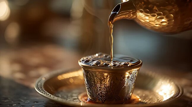 Steaming hot coffee is poured from an ornate golden pot into an intricately engraved cup, creating a luxurious and traditional scene