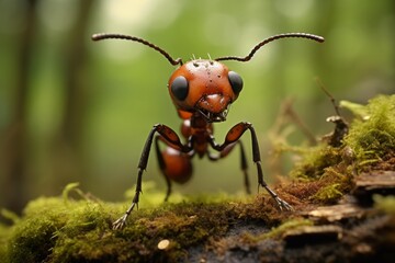 Fototapeta premium Ant crawling on moss covered wood with a blurred green background
