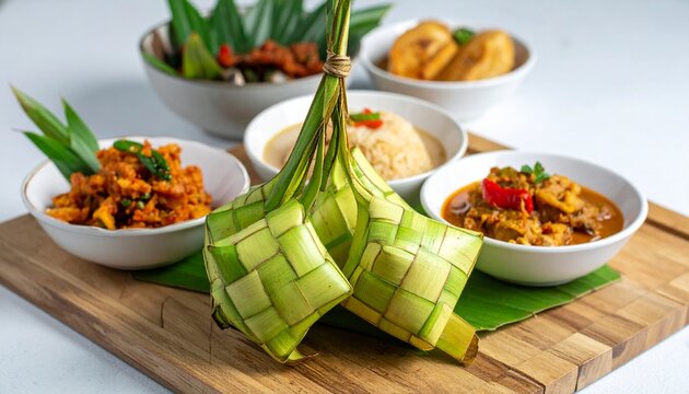 Popular southeast asian dish ketupat surrounded by various accompanying dishes ideal for food blogs, restaurants, cultural articles, and travel websites.