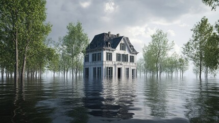 Obraz premium Flooded Mansion: A haunting image of a submerged house amidst trees in a tranquil lake, showcasing the impact of environmental disaster.