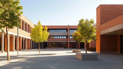 Modern Brick School Campus Courtyard: Tranquil Educational Space
