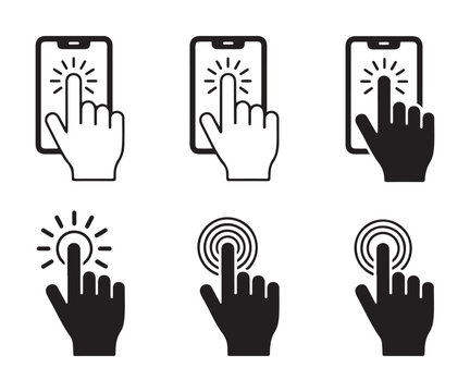 Hand touch screen glowing icon set smartphone symbols and hand only tapping illustrations shine effect