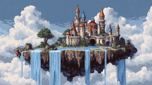 Fantasy castle on floating island with waterfalls and clouds in sky creating magical dreamlike landscape