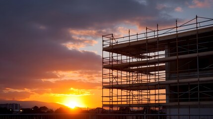 Dramatic sunset over a building under construction with intricate scaffolding silhouetted against a vibrant orange and purple sky