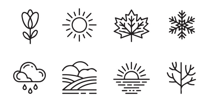 Linear style seasonal icons including spring flower summer sun autumn leaf winter snowflake rain cloud and nature landscape set