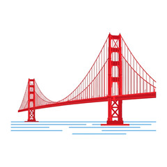 Iconic Red Suspension Bridge Over Blue Water with White Lines