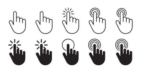 Fototapeta premium Black outline and filled pointer clicking icon set. mouse pointer hand click icons, cursor tap