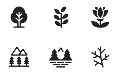 Fototapeta premium Nature icons set trees plants flowers mountains and winter branch vector illustration