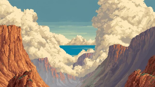 Pixel art canyon landscape with cloud and sea in retro game style fantasy scenery view artwork