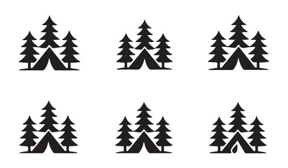 Obraz premium Set of black and white camping and outdoor icons with tents and pine trees