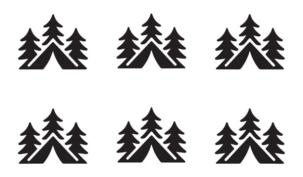 Camping tent and pine tree forest emblem for outdoor adventure gear and scout camp activities logo