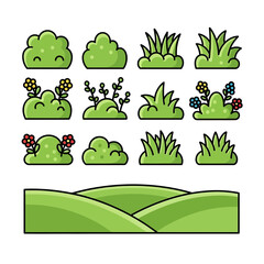 Fototapeta premium Set of cartoon style bushes and grassy hills on white background