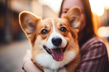 Corgi dog happily resting in a woman's arms, showing a strong human animal bond