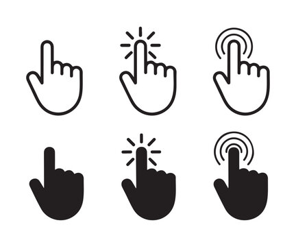 Six variation hand pointer icons showing different types of digital clicking and tapping actions vector set