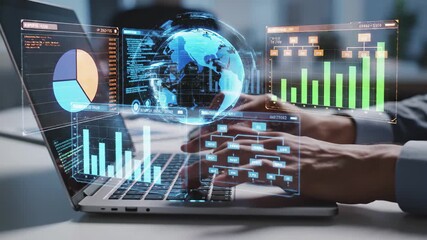Businessman interacting with holographic global data analytics and financial charts on a laptop, 4k - Powered by Adobe