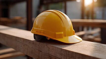 A bright yellow safety helmet rests on a wooden construction beam illuminated by warm sunlight