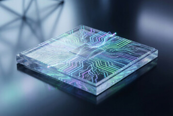 Macro shot of a next-gen nano technology DNA-analysis microchip glowing with neon circuits, biotech patterns, biometric data pulses, clean futuristic background, transhumanism innovation