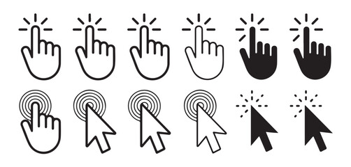 Twelve different icons showing outline and filled versions of clicking hand and mouse pointer symbols