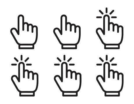 Collection of six hand pointer icons set finger click tap symbols with wrist bracelet outline style