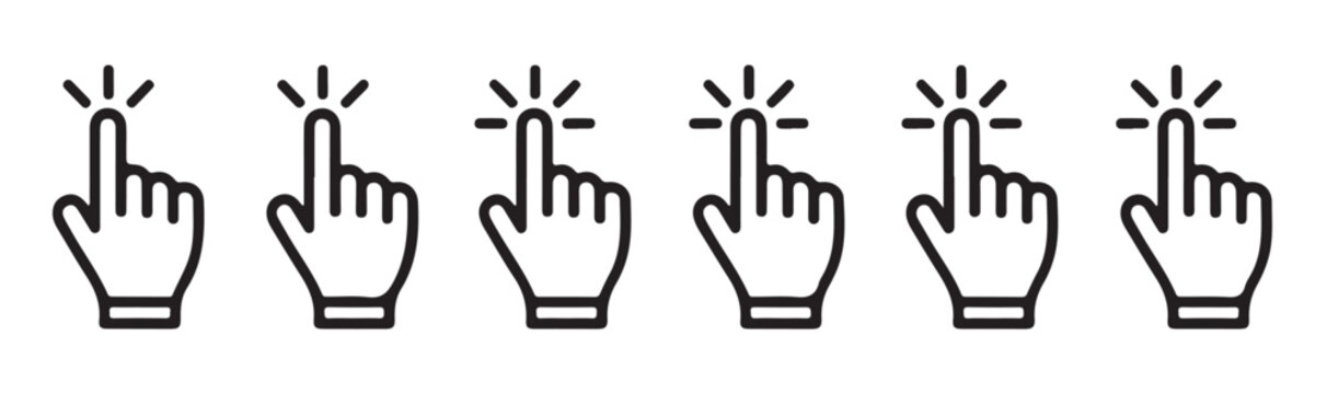 Set of six finger click icons hand pointer symbols tapping gestures outline style vector illustrations