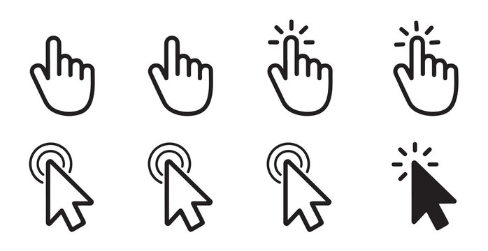 Eight vector graphics illustrating different styles of clicking hand gestures and arrow cursors on white