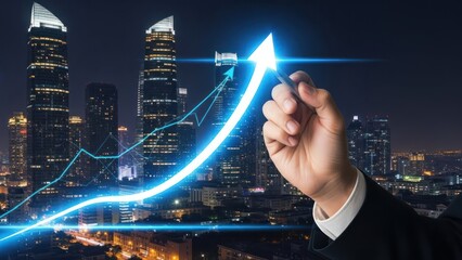Hand holding pen drawing upward arrow on city skyscraper background for Future Growth: Depicting Upward Trends in Urban Landscape