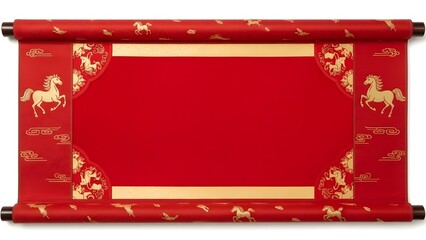 Blank Red Chinese Scroll with Gold Horse Borders